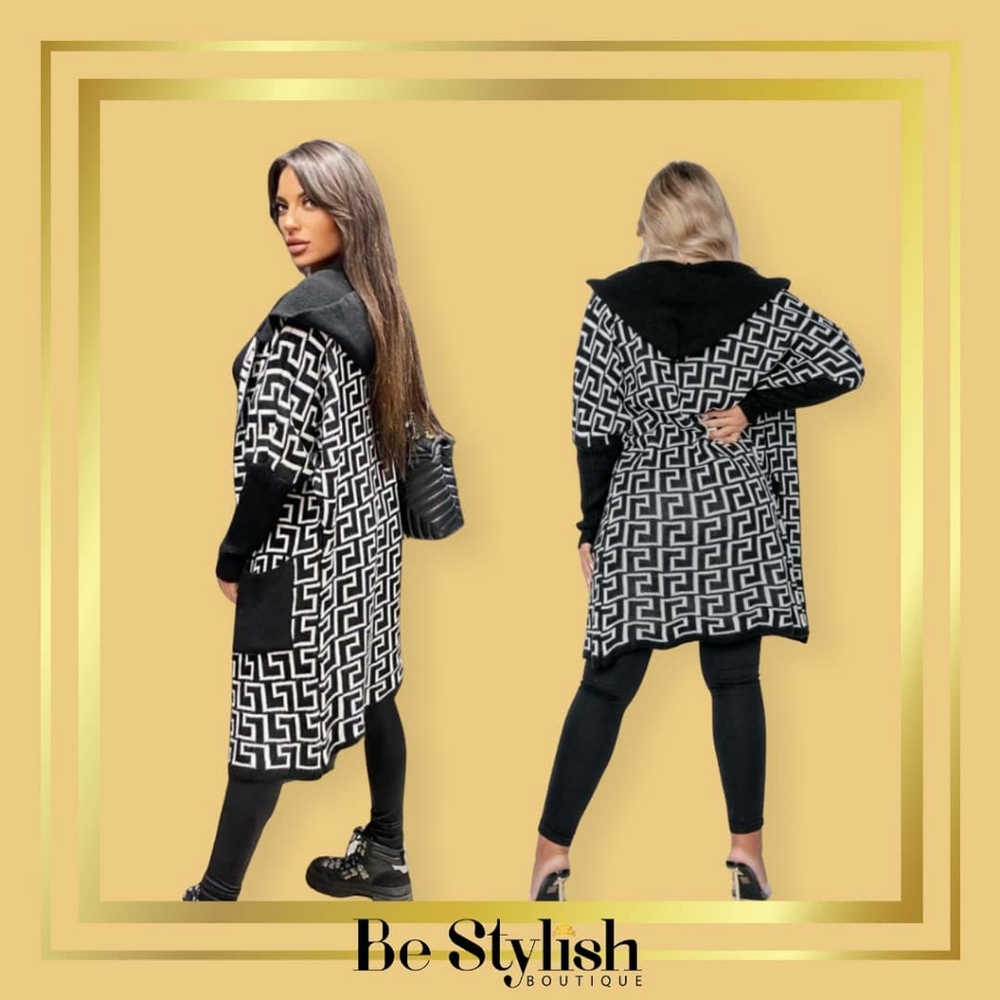 Black White Geometric Hooded Cardigan